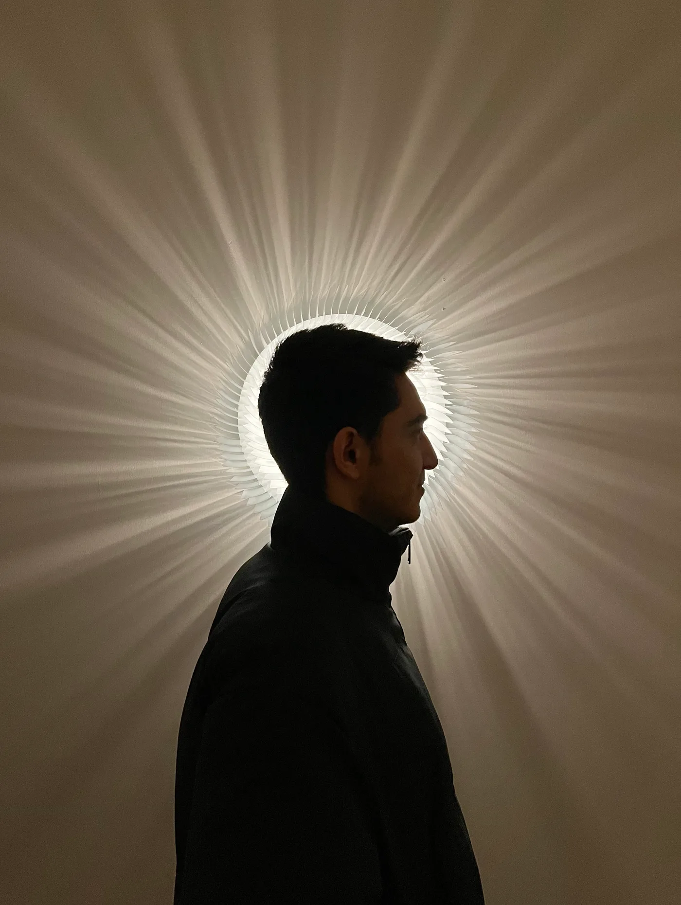 A visitor in profile, haloed by the radial light