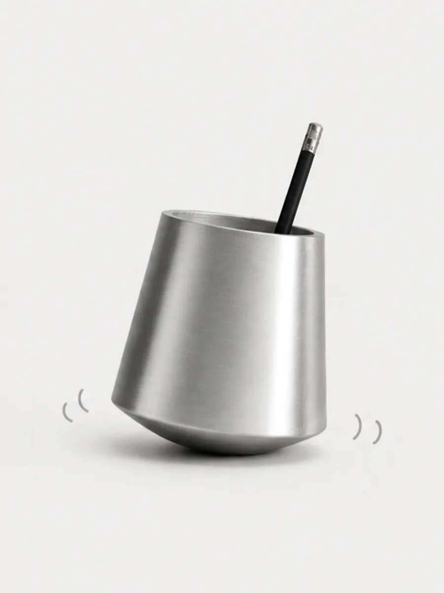 Desk Balance in steel, tilting with a pencil on its curved base