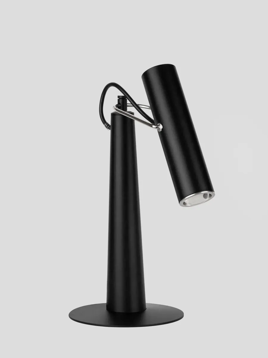 Conic table lamp — a black steel cone with a pivoting cylindrical head