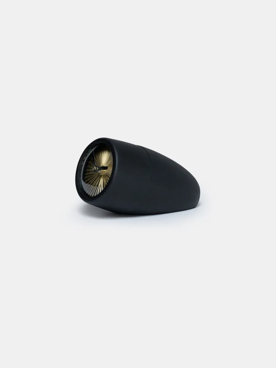 Jeti clock in black, angled like a jet engine intake