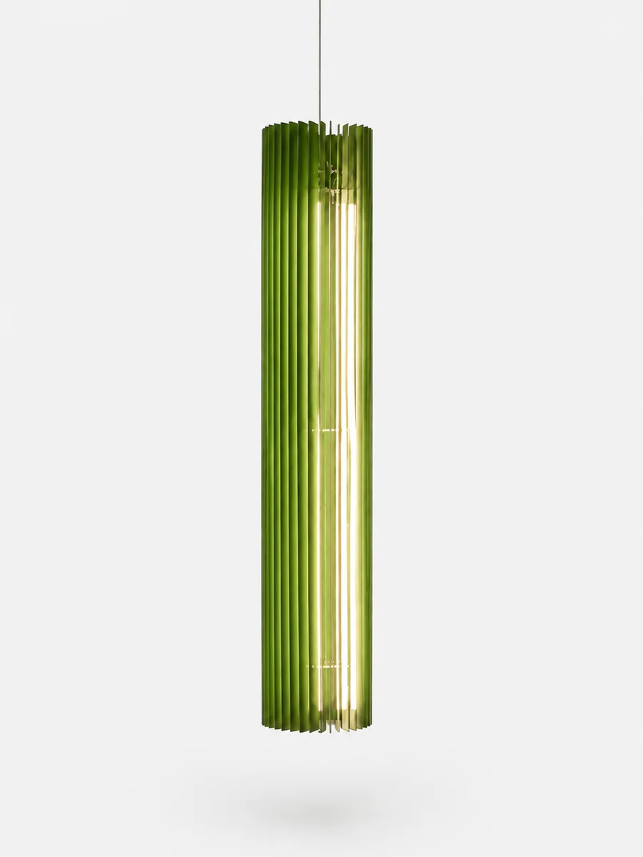 Keker pendant — pleated green blinds hanging against soft grey