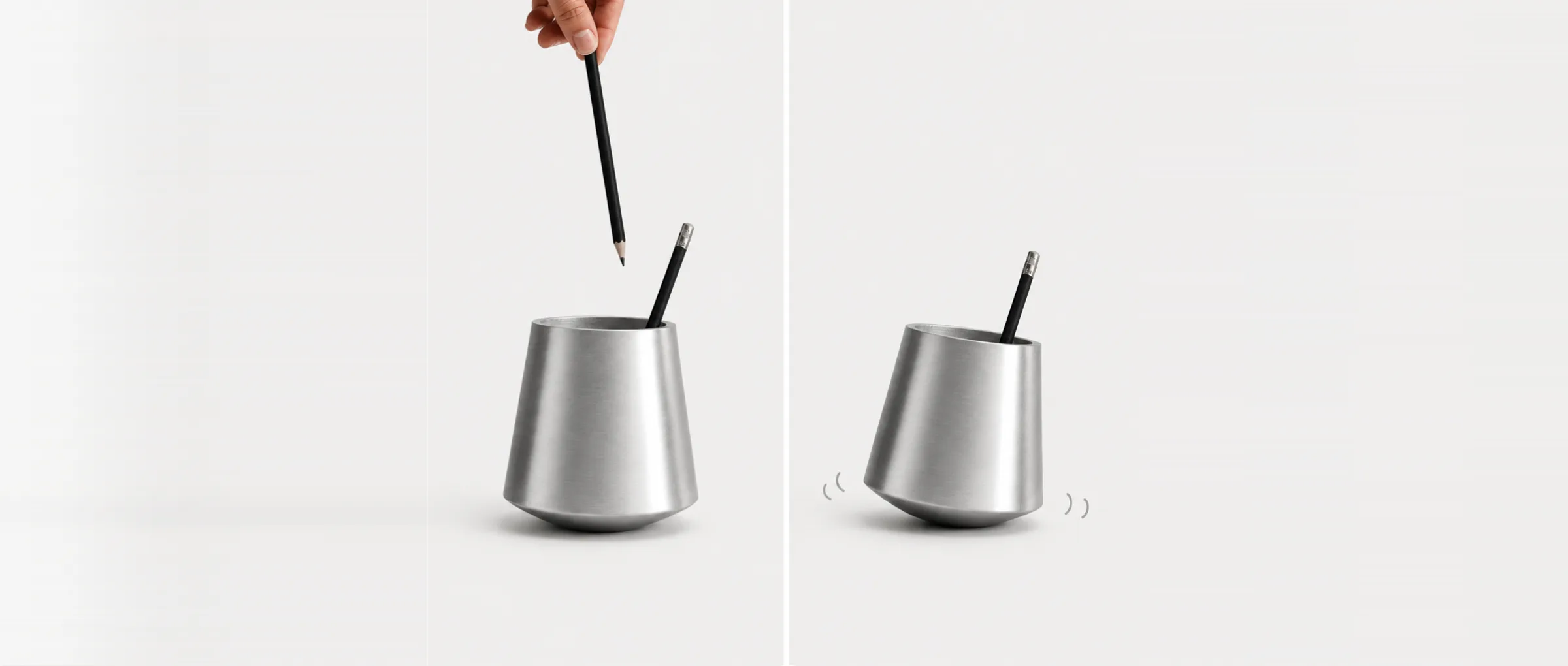 Desk Balance in two frames — a pencil dropped in, the holder rebalancing