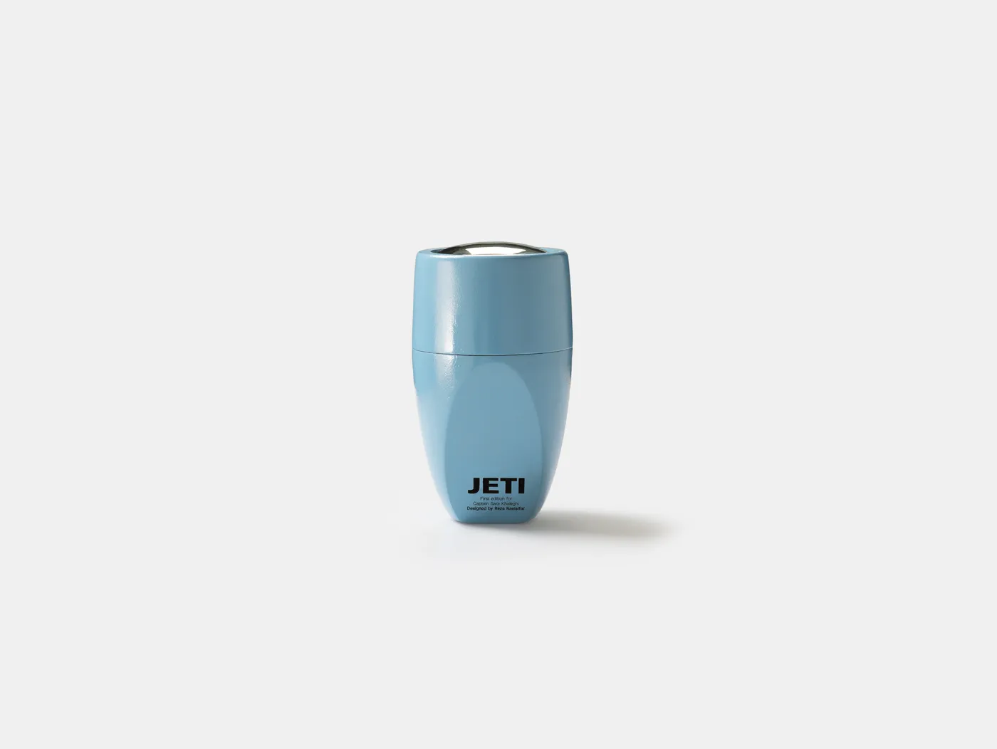 Jeti clock in pale blue, standing upright