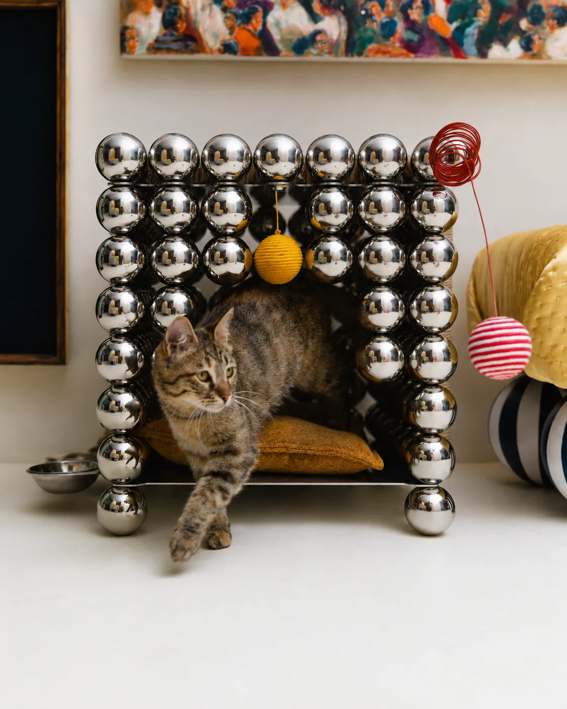 A cat stepping through the sphere-framed doorway